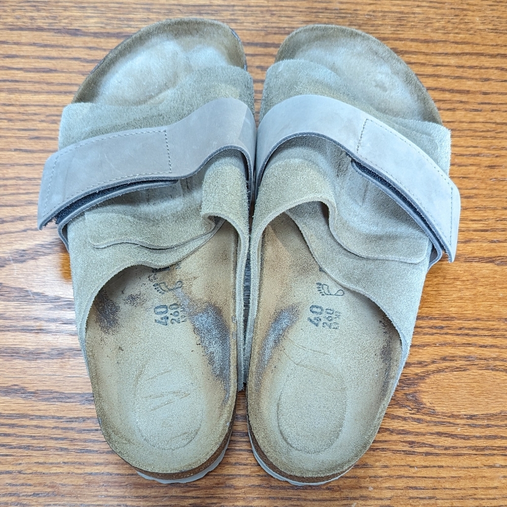 Birkenstock Kyoto Taupe Suede Leather Sandals Slides 40